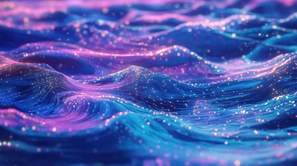 Poster - Vibrant Abstract Waves with Sparkling Particles in Purple and Blue Tones, Captivating Motion and Depth for Artistic Backgrounds or Visual Effects