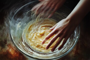 Aufkleber - Whisking pancake batter in a glass bowl during morning meal prep in a cozy kitchen setting. Generative AI