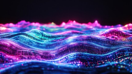 Poster - Abstract Colorful Wave Patterns in Light With Glittering Particles Creating a Vibrant Digital Landscape for Background or Technology Themes