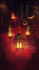 Poster - Opulent Ramadan abstract scene with a maroon and gold gradient, adorned with intricate geometric patterns, lantern silhouettes, and crescent moon highlights. Vertical social media post, reels, stories