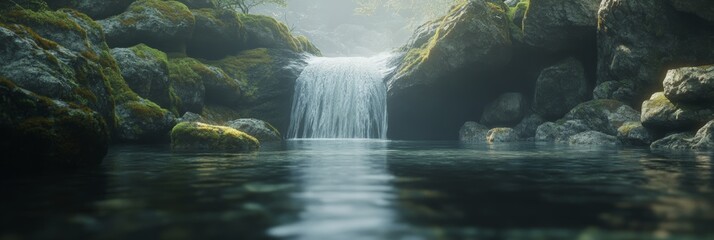 Poster - Sunlight filters through the mist. Illuminating a pristine waterfall cascading into a tranquil pond surrounded by moss covered rocks and lush foliage. Creating a serene and idyllic natural landscape