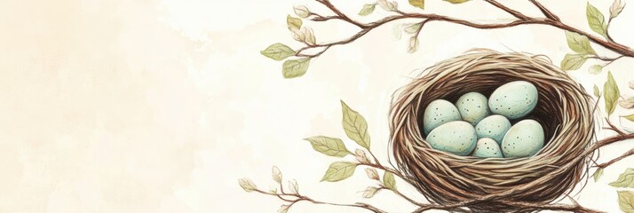 Poster - Hand drawn doodle of a nest with blue speckled eggs resting in branches during springtime. Generative AI