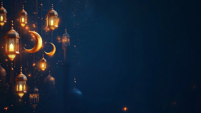 Vibrant Ramadan background with a dark sapphire blue base, featuring golden crescent moons, hanging lanterns, and delicate mosque silhouette patterns. Horizontal banner, copy space, greeting card