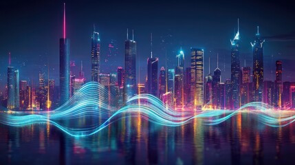 Poster - Futuristic Night Cityscape with Colorful Neon Lights Reflecting on Water and Dynamic Light Waves Illustrating Modern Urban Energy and Technological Vibes