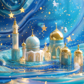 Vivid Ramadan abstract background with a royal blue gradient, showcasing mosque domes, golden stars, and delicate lanterns glowing with soft light. Square social media post, Ramadan, Eid al-fitr