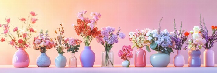 Poster - Colorful floral arrangement in vases against a soft pastel backdrop showcasing spring elegance and beauty. Generative AI
