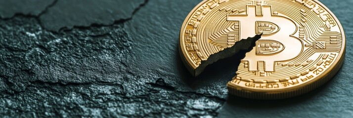 Poster - Physical bitcoin is breaking apart, showing the volatile nature of cryptocurrency and the potential for financial loss during a market crash