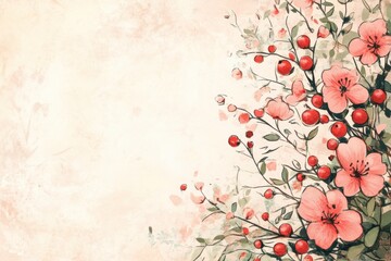 Aufkleber - Hand drawn doodle of blooming flowers and berries on a soft pastel background with delicate details and elegant design. Generative AI