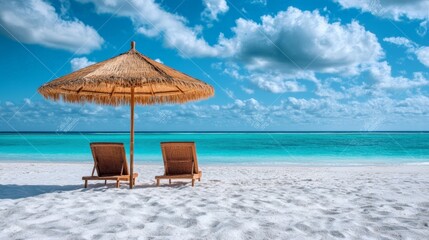 Poster - Two empty beach chairs resting under a straw umbrella on pristine white sand, overlooking tranquil turquoise waters beneath a bright blue sky with fluffy clouds