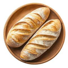 Wall Mural - Freshly baked bread displayed on a wooden plate against a clean transparent background, bread in a plate isolated on transparent background