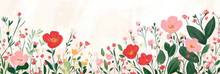Poster - Colorful hand drawn doodle of blooming flowers and lush greenery in a whimsical style. Generative AI