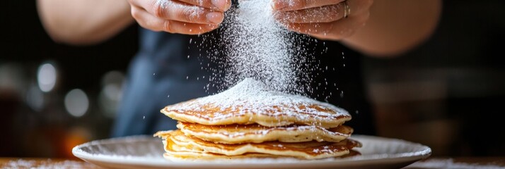 Poster - Hands sprinkle powdered sugar over warm pancakes in a cozy kitchen setting during breakfast time. Generative AI