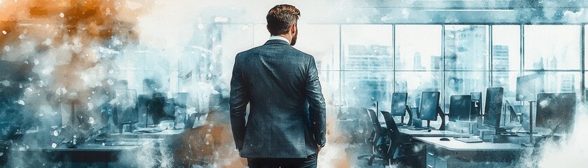 Wall Mural - Businessman in Suit Observing Modern Office Space from Behind with Dramatic Lighting and Abstract Background