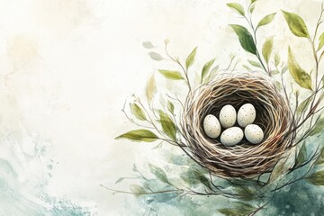 Poster - Hand drawn doodle of a bird nest with eggs surrounded by delicate leaves and pastel foliage in a serene setting. Generative AI