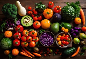 Wall Mural - vibrant colorful ingredient flat lay showcasing roulette fresh produce culinary favorites gourmet illumination, vegetable, fruit, herb, spice, plate, bowl