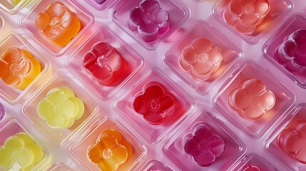 Wall Mural - Close-up view of various types of sweet candies arranged neatly in plastic boxes, vivid and bright