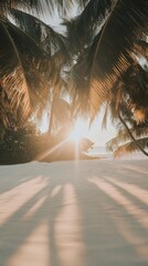Aufkleber - Golden sunset casting warm light over a pristine white sand beach, framed by swaying palm trees, creating a tranquil and idyllic atmosphere for a perfect summer getaway