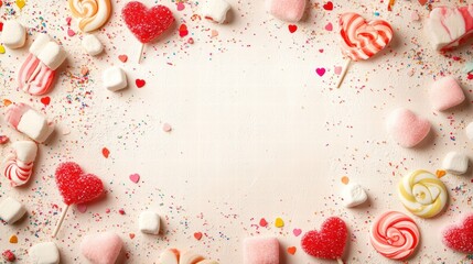 Aufkleber - Colorful candy assortment with heart shaped sweets and sprinkles arranged on a light background for celebration. Generative AI