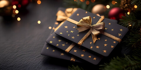 Wall Mural - Beautifully wrapped gift boxes adorned with golden bows and star patterns, set against a festive backdrop with twinkling lights and holiday decorations during the Christmas season