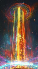 Poster - Surreal Futuristic Tower Surrounded by Colorful Energetic Swirls and Cosmic Elements in a Dazzling Sci-Fi Landscape