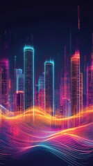 Poster - Vibrant Abstract City Skyline at Night with Neon Lights and Colorful Waves Representing Modern Urban Life and Technology