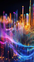Poster - Vivid Abstract Data Visualization with Colorful Waves and Light Trails Representing Dynamic Information and Digital Connectivity in a Futuristic Setting
