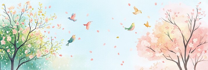 Poster - Hand drawn doodle depicting a serene spring landscape with blooming trees and birds in flight. Generative AI