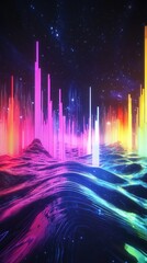 Poster - Vibrant Abstract Landscape with Colorful Wave Patterns and Light Rays in a Cosmic Setting, Creating a Futuristic and Dreamlike Visual Experience