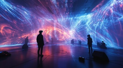 Poster - Stunning Visuals in an Immersive Art Installation with People Experiencing a Vibrant Display of Light and Color in a Modern Setting