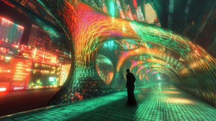 Poster - Colorful Abstract Cityscape with Illuminated Patterns and Architectural Features, Featuring Silhouetted Figure in an Enigmatic Futuristic Environment