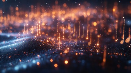Poster - Abstract Background of Glowing Particles and Light Effects Creating a Dynamic Digital Landscape with Warm Color Tones and Depth Perception for Modern Artwork