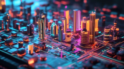 Poster - Futuristic Cityscape with Neon Lights and Circuit Board Elements Showcasing Advanced Technology and Urban Innovation in a Vibrant Digital Landscape