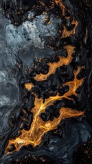 Poster - Abstract art with vibrant orange and black swirls creating a striking visual composition of fluid dynamics and organic textures, ideal for modern design needs or creative projects.