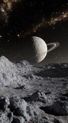 Wall Mural - Stunning Interstellar Landscape Featuring a Unique Rocky Surface with a Distant Planet and Glowing Rings Surrounded by Starry Sky and Cosmic Wonder