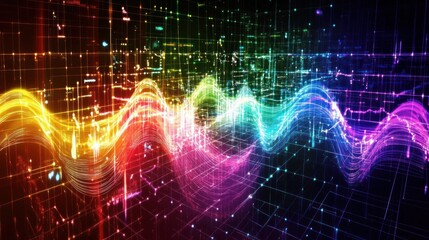 Poster - Vibrant Abstract Sound Waves with Digital Elements in Vivid Rainbow Colors Representing Music, Data, and Technology Interactions in a Modern Conceptual Design