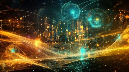 Fototapete - Abstract digital art featuring dynamic waves of light and color, representing energy, technology, and innovation in a vibrant futuristic setting.