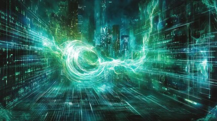 Poster - Futuristic Cityscape with Abstract Energy Flow and Digital Matrix Design under a Night Sky Illuminated by Bright Green Light and Electronic Patterns