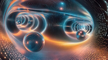 Fototapete - Abstract digital art featuring flowing patterns with glowing spheres and intricate light trails, creating a mesmerizing, futuristic atmosphere of motion and depth.