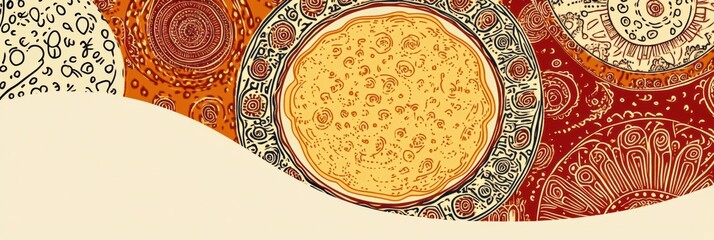 Poster - Hand drawn doodle featuring vibrant circular patterns with intricate details and warm colors on a simple background. Generative AI