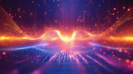 Poster - Abstract digital landscape with glowing waves and sparkling particles creating a futuristic ambiance suitable for technology, science, and innovation themes