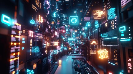 Poster - Futuristic Digital Landscape with Neon Lights and Glowing Data Streams, Showcasing a High-Tech Abstraction of Cyber Interfaces and Virtual Environments