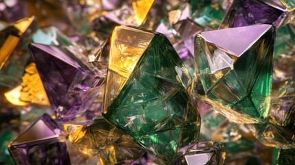 Poster - Colorful Crystals Forming an Intricate Abstract Background with a Blend of Green, Purple, and Yellow Hues, Showcasing Geometric Shapes and Light Reflection Effects