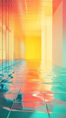 Poster - Abstract Corridor with Colorful Reflections and Glossy Floor Creating a Surreal Atmosphere of Light and Color Play in a Modern Architectural Space