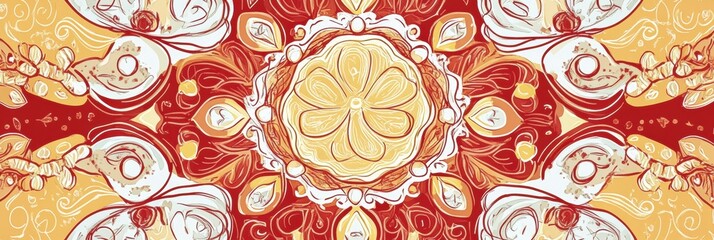 Poster - Hand drawn doodle of intricate floral design with bold colors and circular patterns in a vibrant artistic style. Generative AI