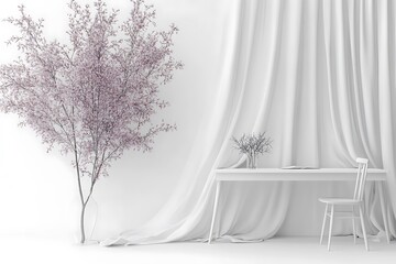 Wall Mural - Minimalist white room with flowering tree and desk