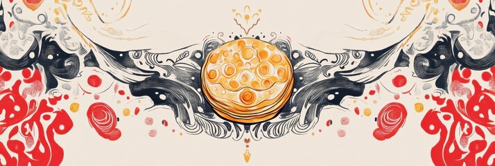 Aufkleber - Creative hand drawn doodle featuring a detailed illustration of pancakes surrounded by vibrant swirling patterns. Generative AI