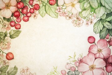 Aufkleber - Hand drawn floral doodle featuring various blossoms and berries in a decorative border style. Generative AI
