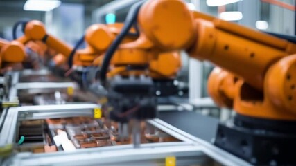 Poster - Orange robotic arms are working on an assembly line inside a brightly lit factory, performing automated tasks with precision and efficiency