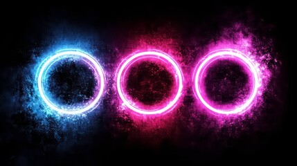 Poster - abstract background with three glowing neon circles in pink, blue, and white, symbolizing energy, te