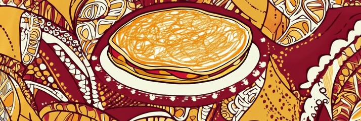 Poster - Doodle of a pancake surrounded by vibrant patterns in a whimsical style. Generative AI